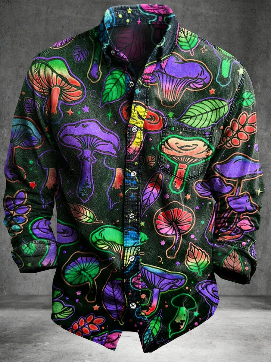 Camisa vintage Mushroom Art de manga larga para hombre