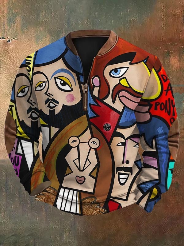 Sudadera de moda casual Art geométrico estampado cierre Neck para hombre