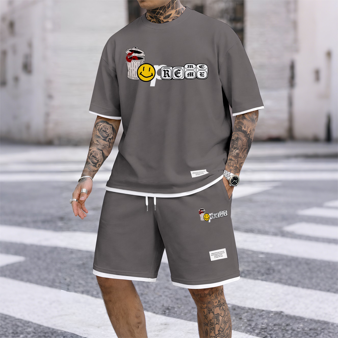 Camisa Graffiti Collage Design estampado Waffle Fabric de manga corta And shorts Set para hombre