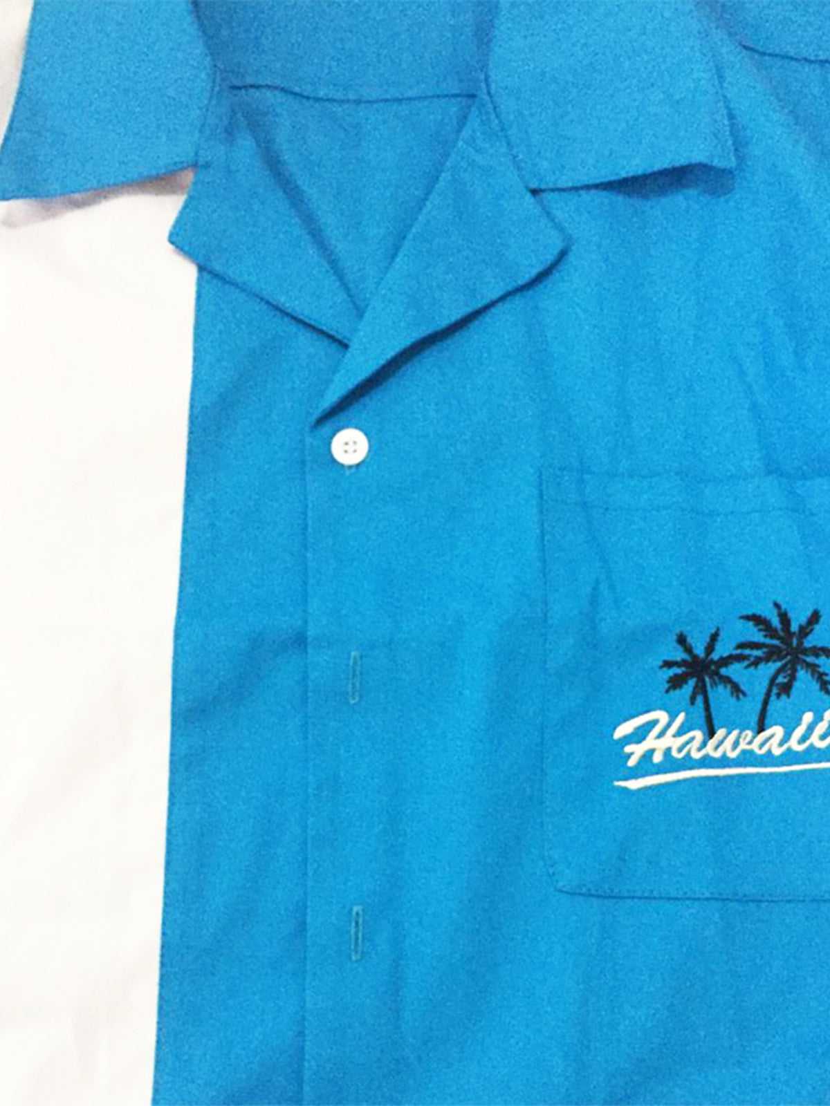 Camisa 50's vintage Camp de algodón Pocket Bowling Hawaii Coconut Tree Blue de manga corta para hombre