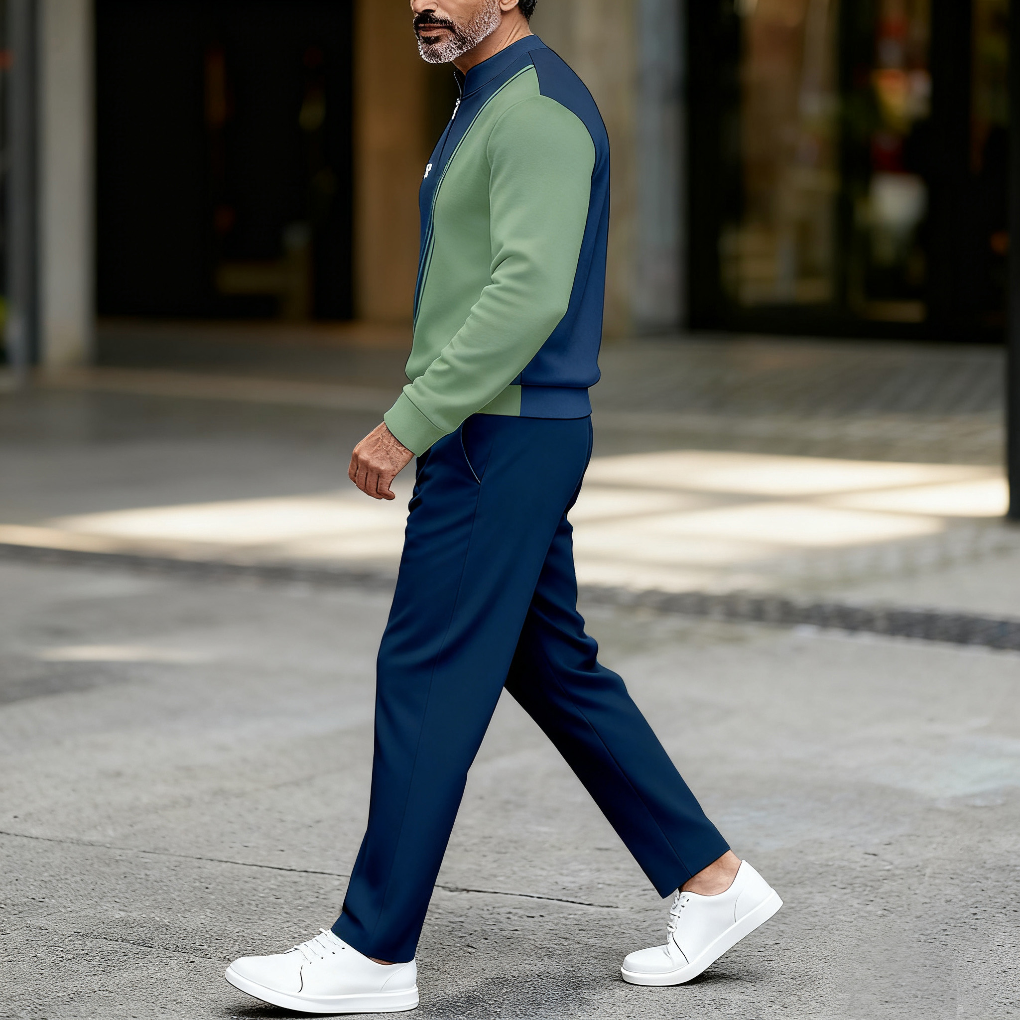 Conjunto de dos piezas casual Color Matching estampado Round-Neck Zipper de manga larga Trousers para hombre