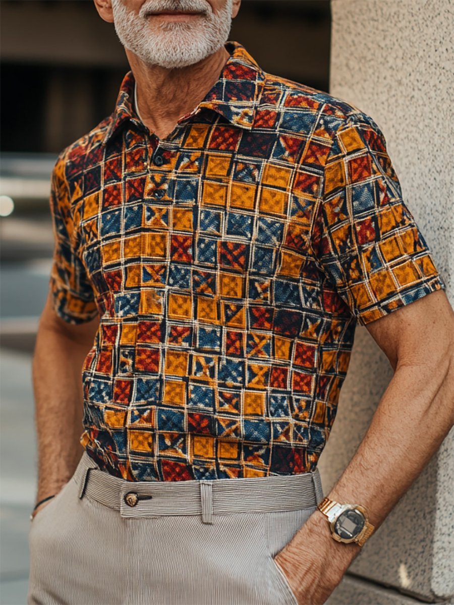 Camisa polo casual ejecutivo geométrico estampado con botones de manga corta para hombre