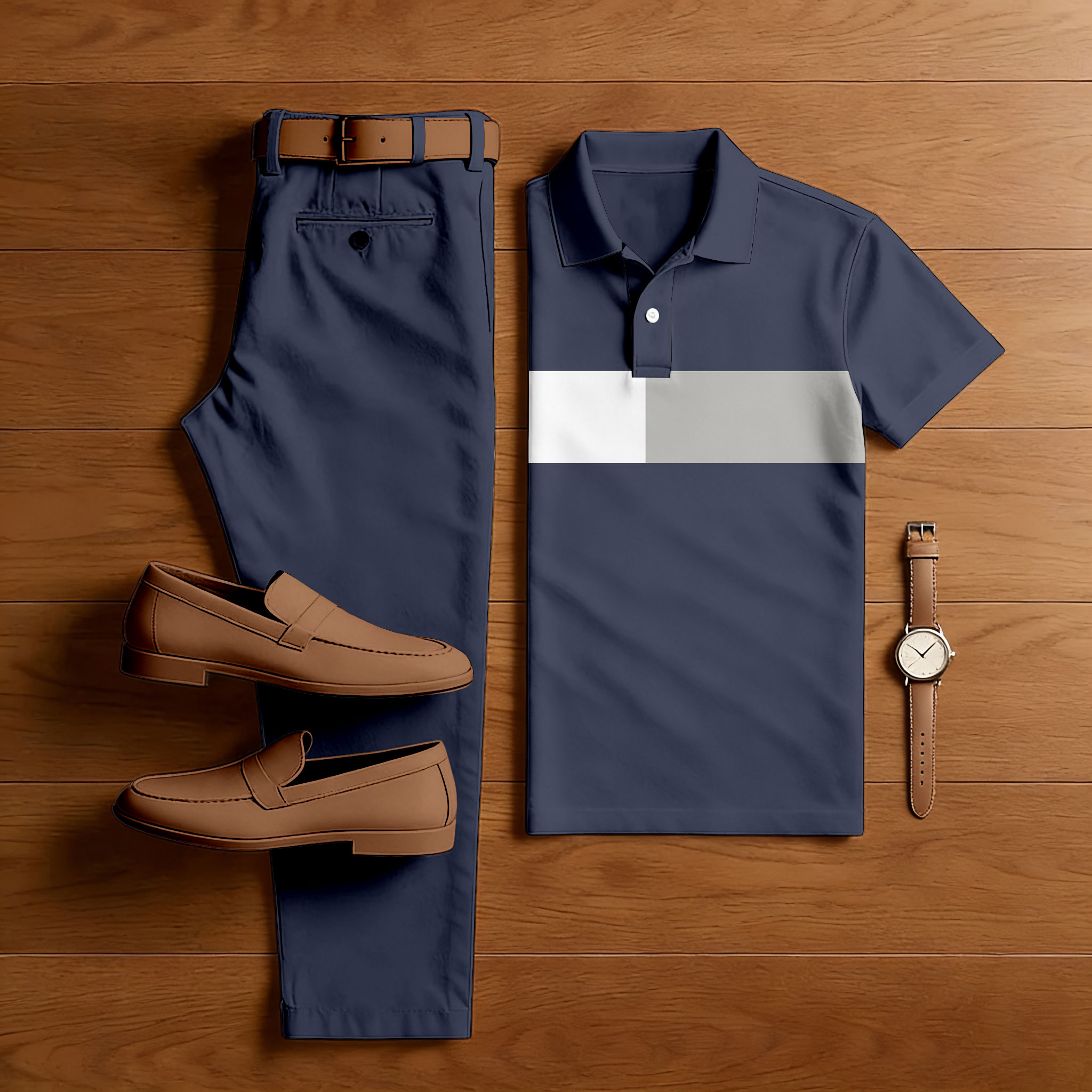 Conjunto de dos piezas casual Navy Blue Color Matching estampado de manga corta camisa polo & Trousers para hombre