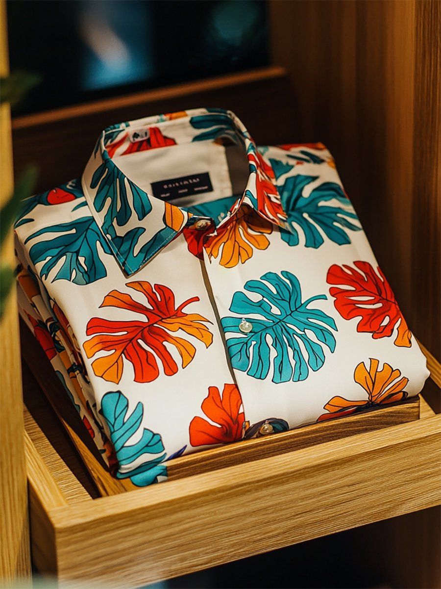 Camisa satén Luxe hawaiano estampado de manga corta Button para hombre
