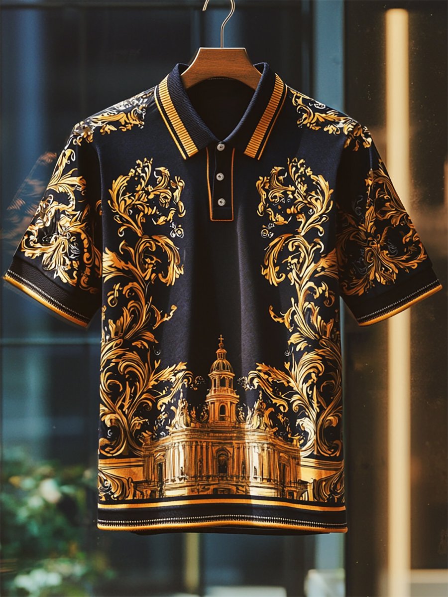 Camisa polo casual Festive floral Court estampado Button de manga corta para hombre