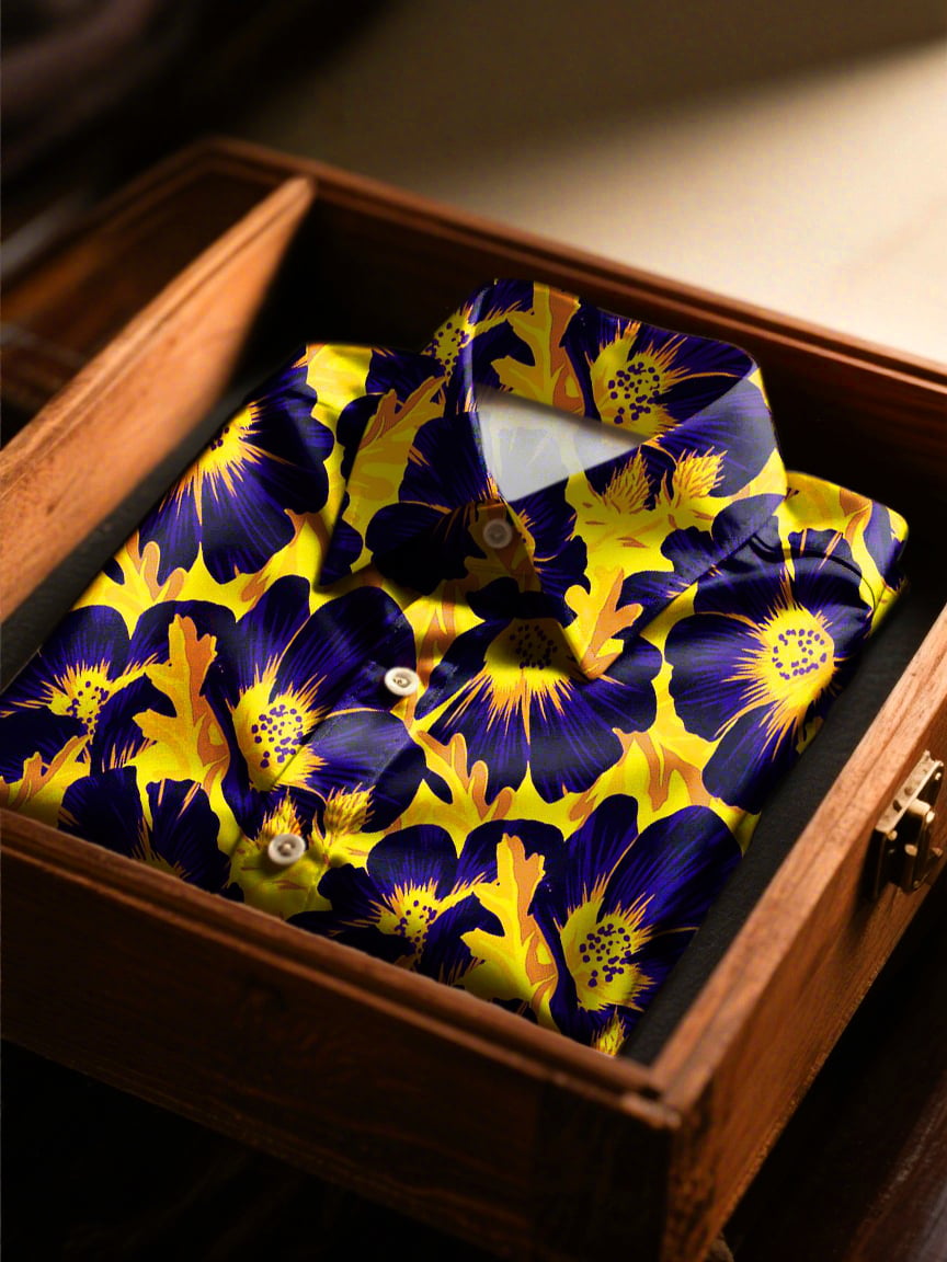 Camisa satén floral de lujo de manga larga con botones para hombre
