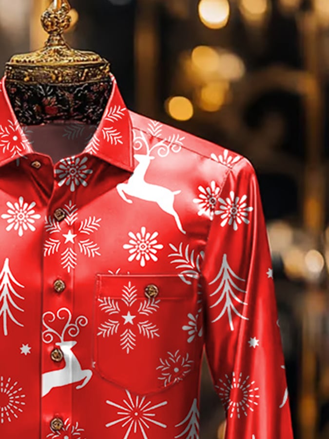 De lujo Christmas Contrast estampado de manga larga Pockecamiseta para hombre
