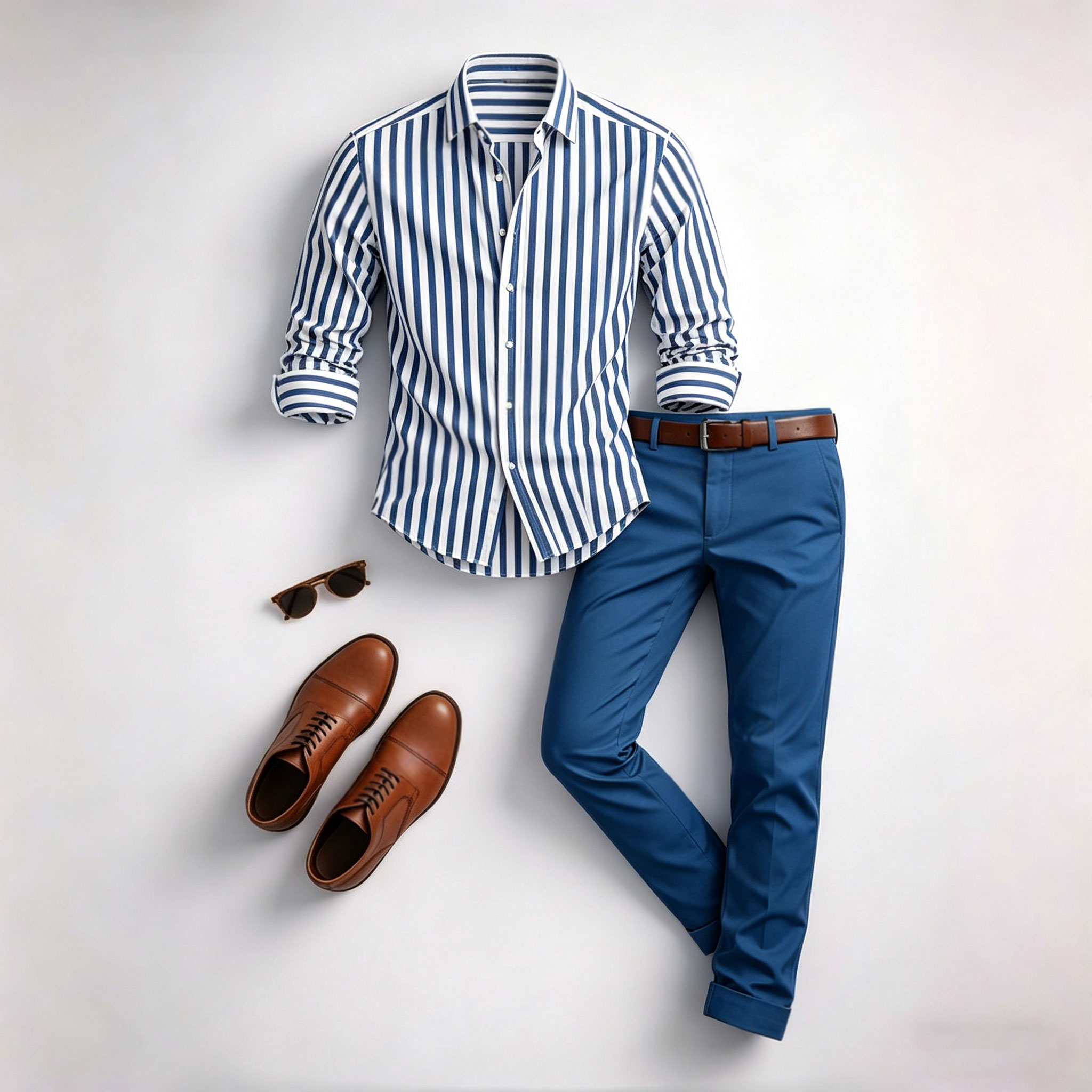 Conjunto de dos piezas casual Blue & White rayas Color Matching Geometric estampado de manga larga camisa & Trousers para hombre
