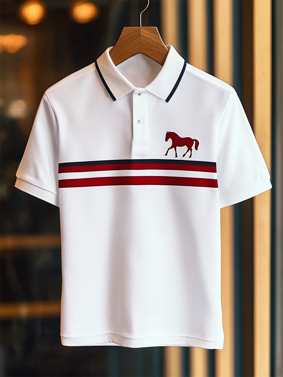 Camisa polo ejecutivo rayas Logo con botones de manga corta para hombre