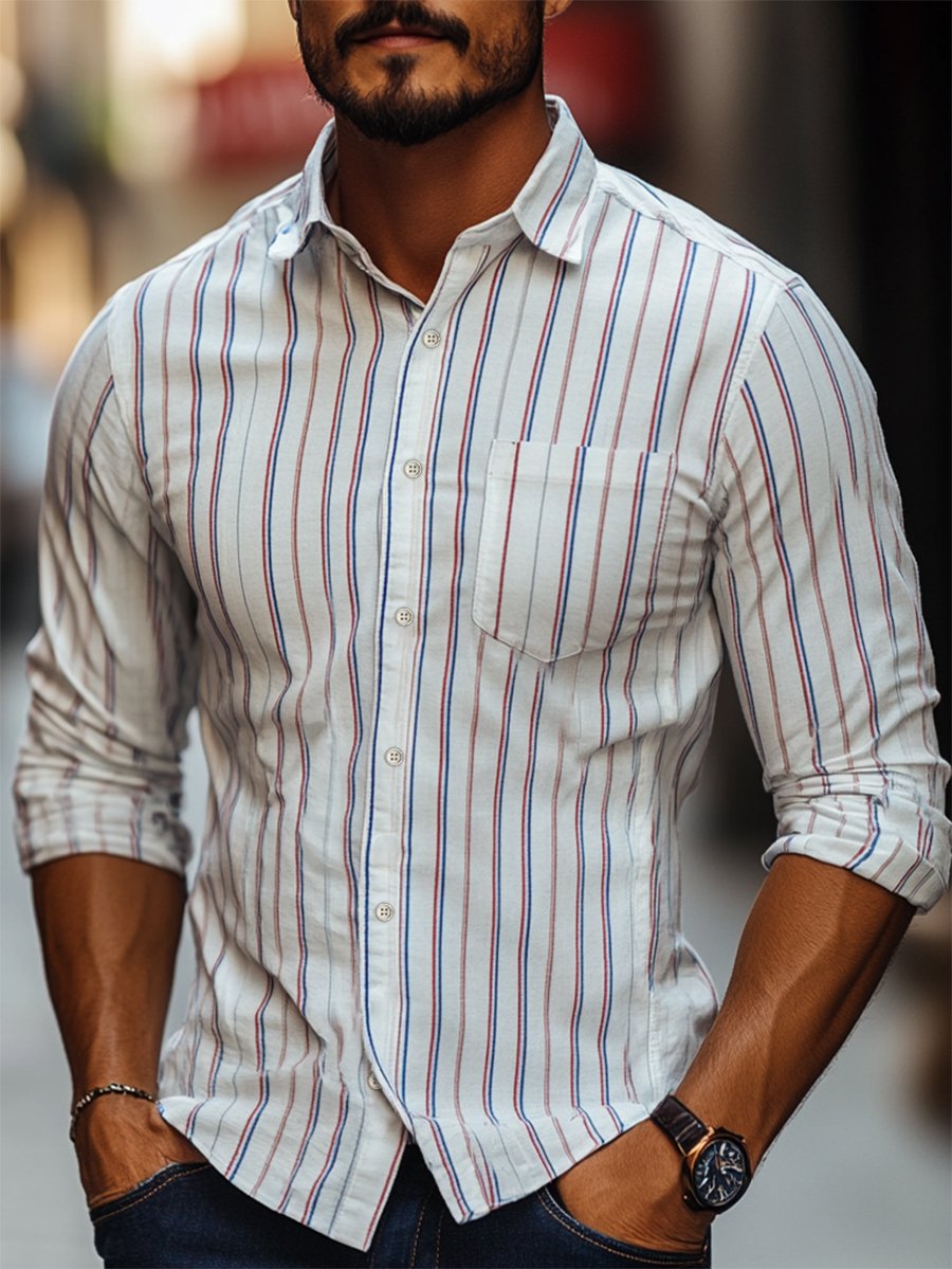 Camisa casual a rayas de manga larga para hombre