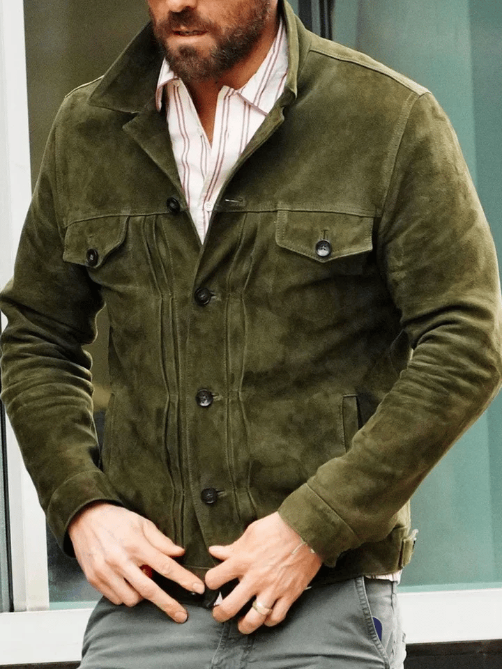 Chaqueta para exterior vintage solapa bolsillo cuero para hombre