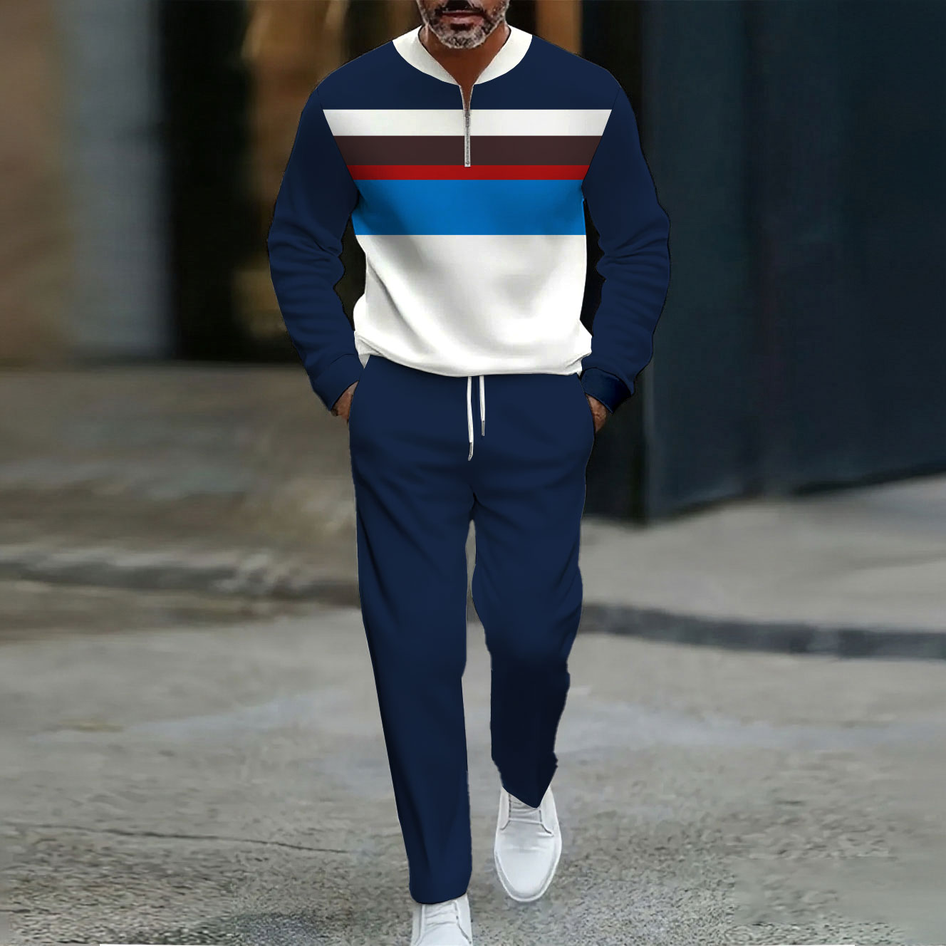 Conjunto de dos piezas casual Multicolored a rayas estampado Round-Neck Zipper de manga larga Navy Blue Trousers para hombre