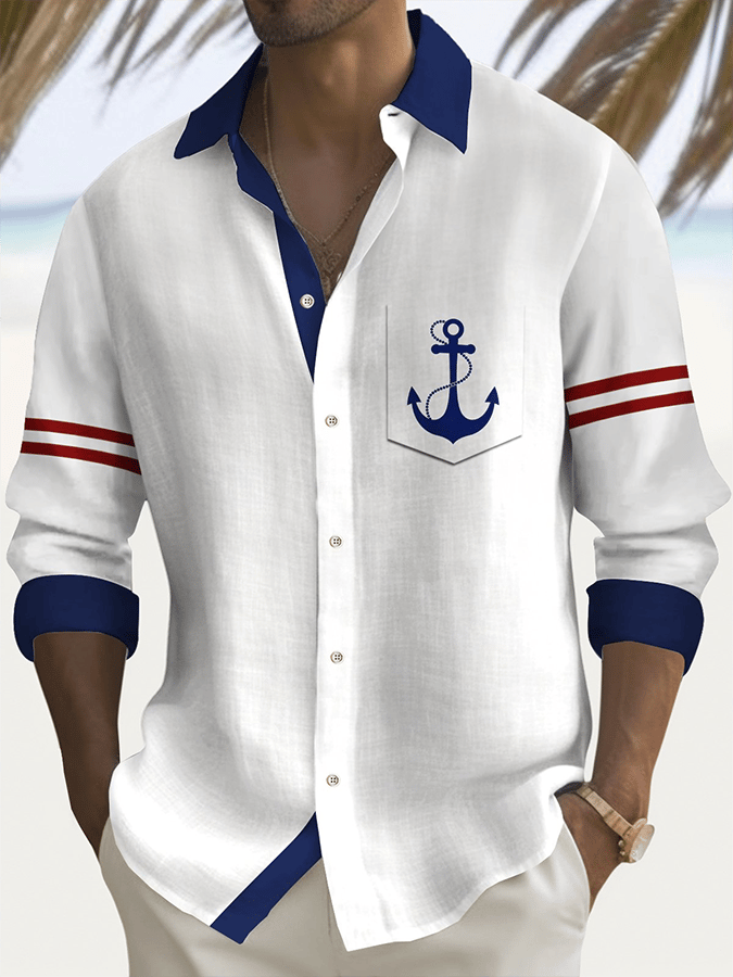 para hombre vintage Anchor Print Vacation camisa (With Pockets)