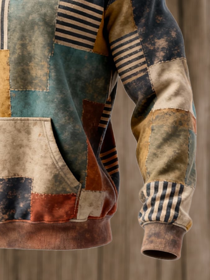 Sudadera retro desgastado en bloques de color estampado casual de manga larga para hombre