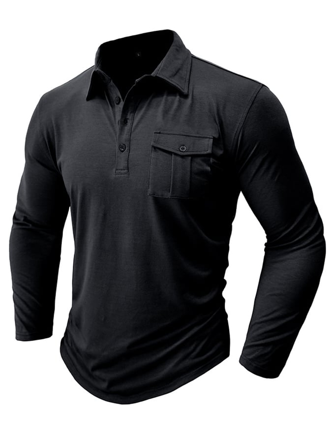 Camisa polo de color sólido de manga larga bolsillo para hombre