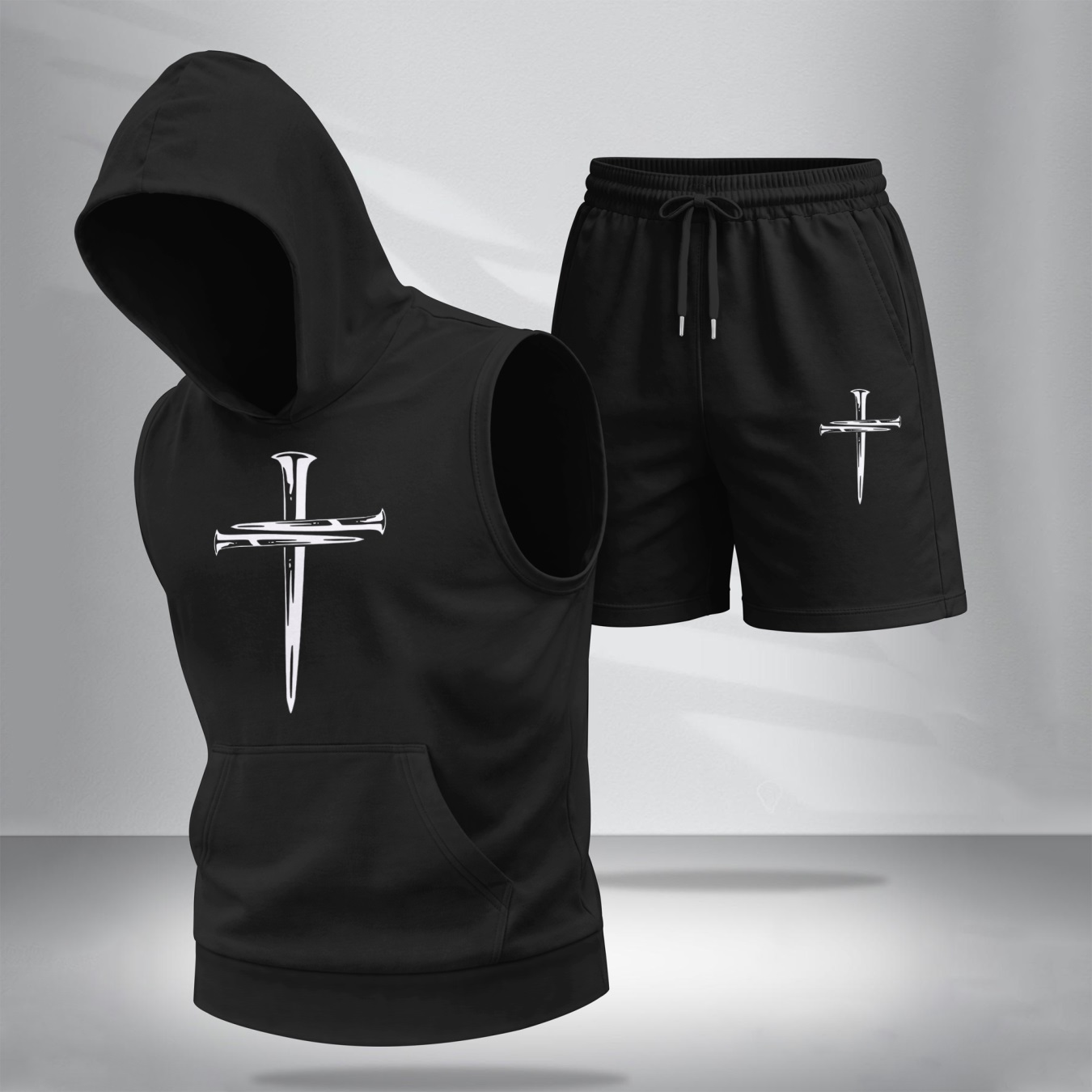 Conjunto de dos piezas Summer – Sleeveless sudadera con capucha & shorts, Faith & Prayer-Inspired Cross Design, casual Regular Fit Summer Outfit, Athletic Streetwear, Lightweight Summer Tracksuit para hombre