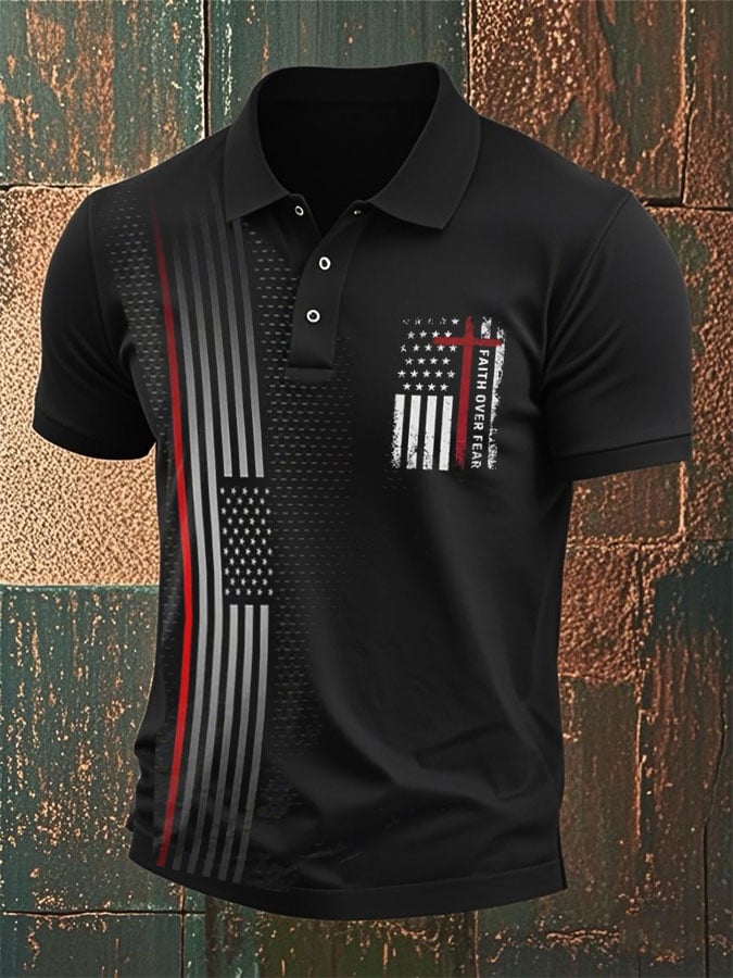 Camisa polo American Flag Faith Over Fear Cross para hombre