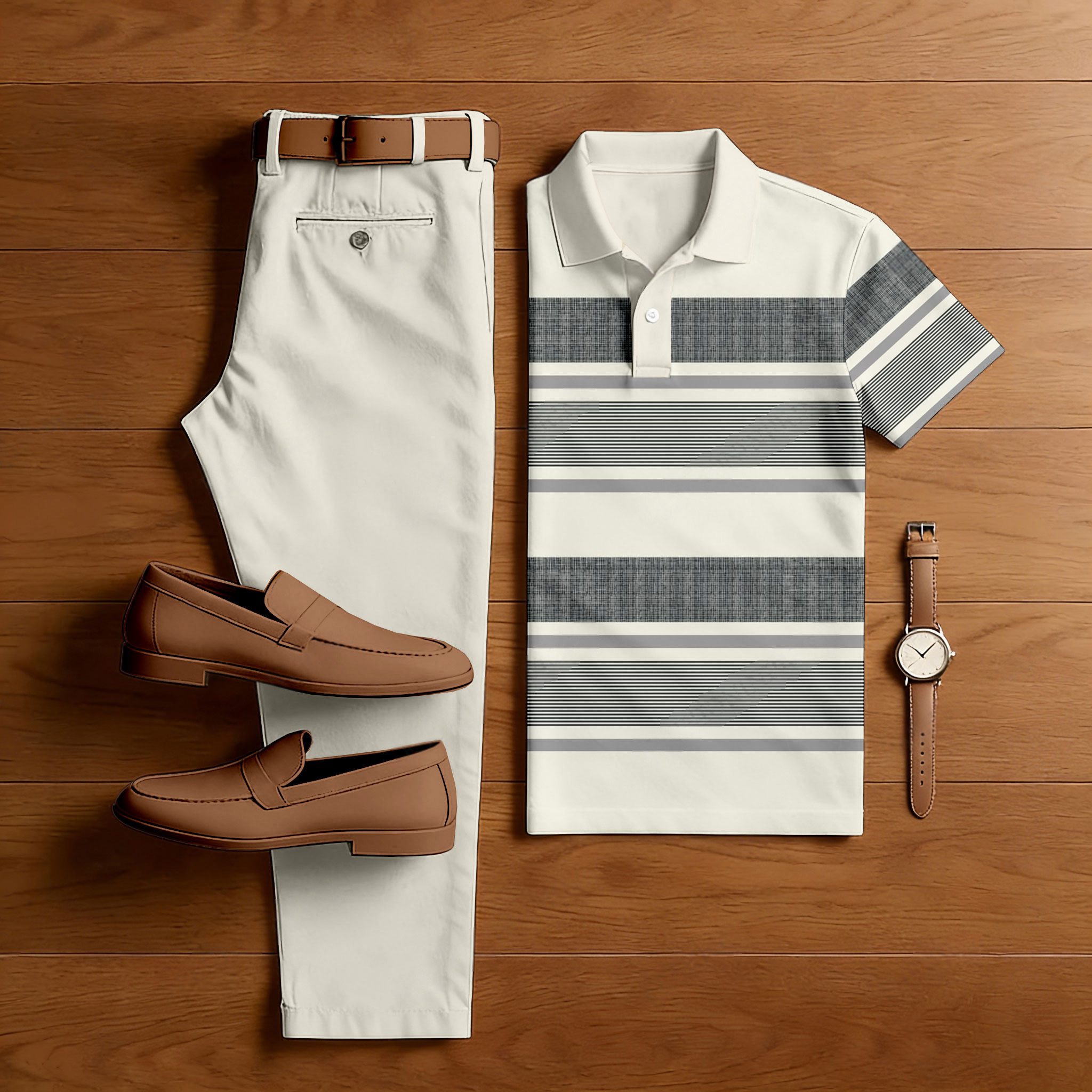 Conjunto de dos piezas casual Grey rayas estampado camisa polo And pantalón para hombre