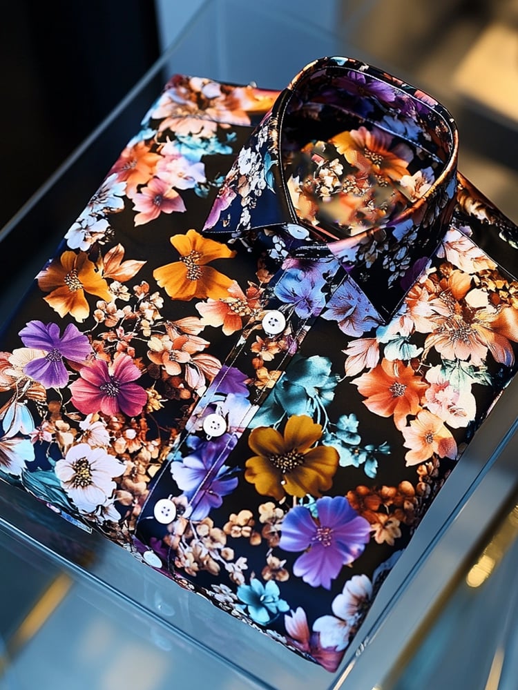 Camisa satén de lujo hawaiano Black floral estampado de manga corta Button para hombre