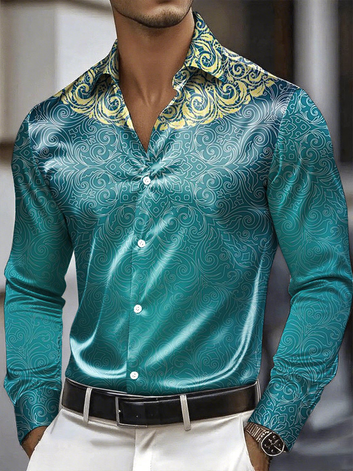 Camisa satén Luxe de manga larga con botones para hombre