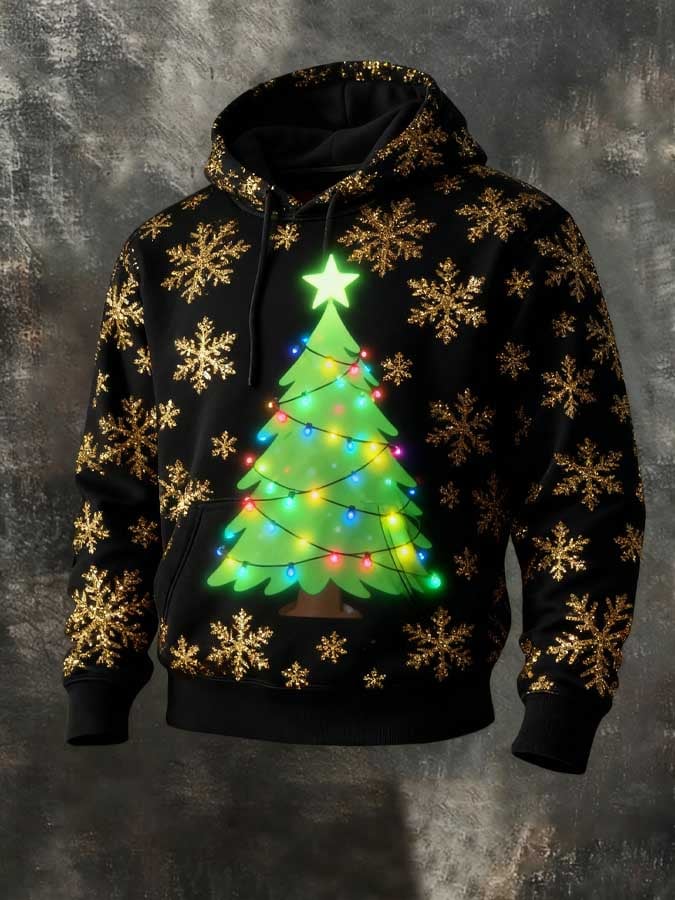 Sudadera vintage Christmas Snowflake and Christmas Tree estampado con gorrasucha