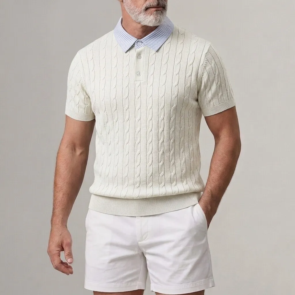 Camisa polo Cable tejidoted a rayas Turndown Collar de manga corta 2 in 1 para hombre