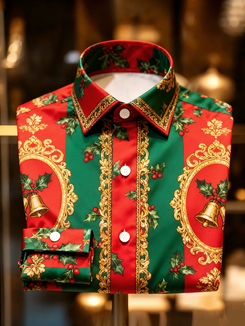 Camisa Christmas Holiday con botones de manga larga para hombre