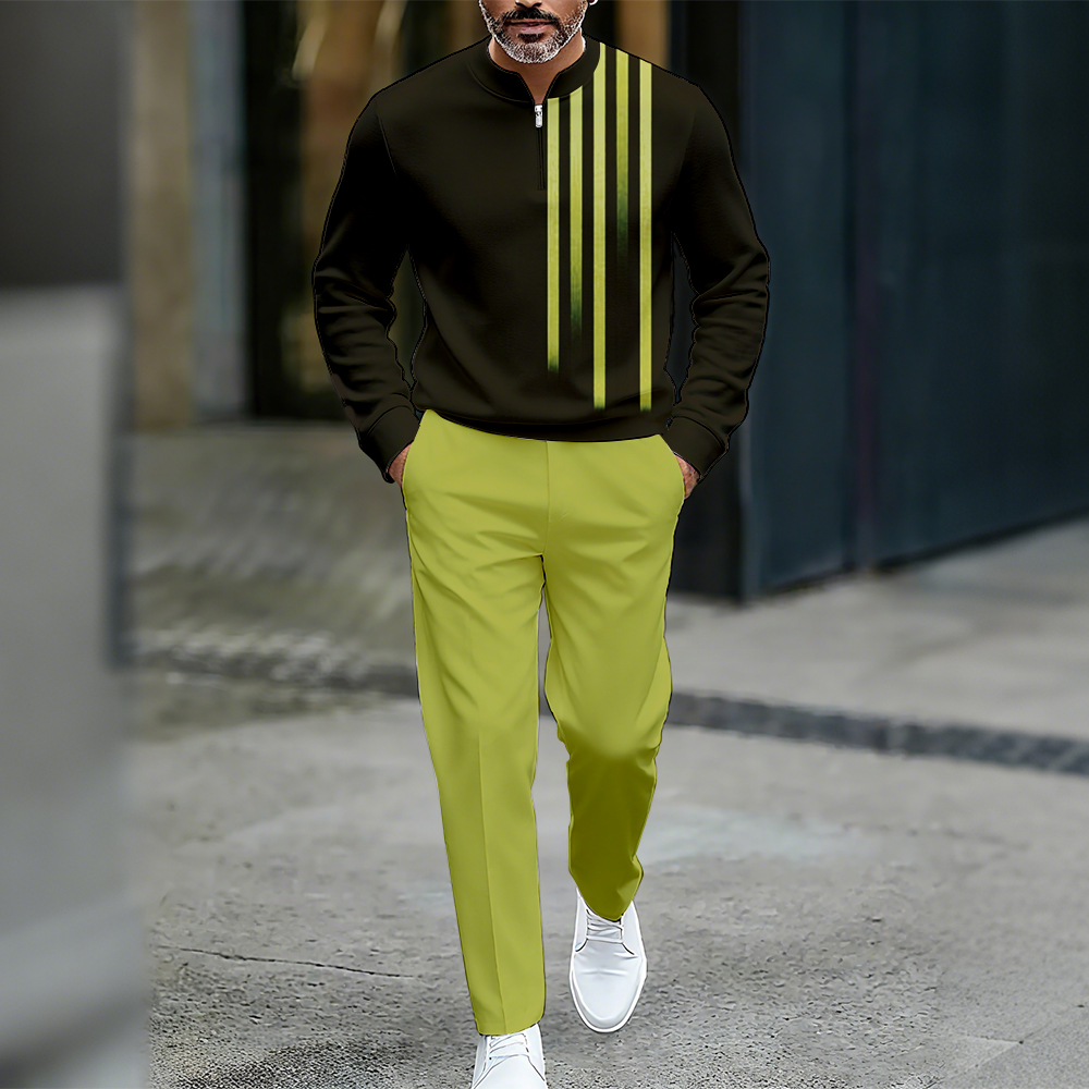 Conjunto de dos piezas casual Color Matching estampado Round-Neck Zipper de manga larga Trousers para hombre