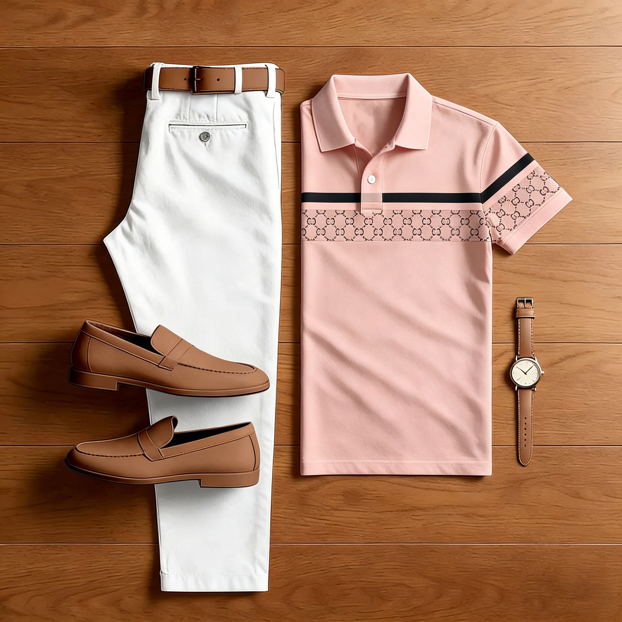 Conjunto de dos piezas casual Pink a cuadros estampado camisa polo And pantalón para hombre