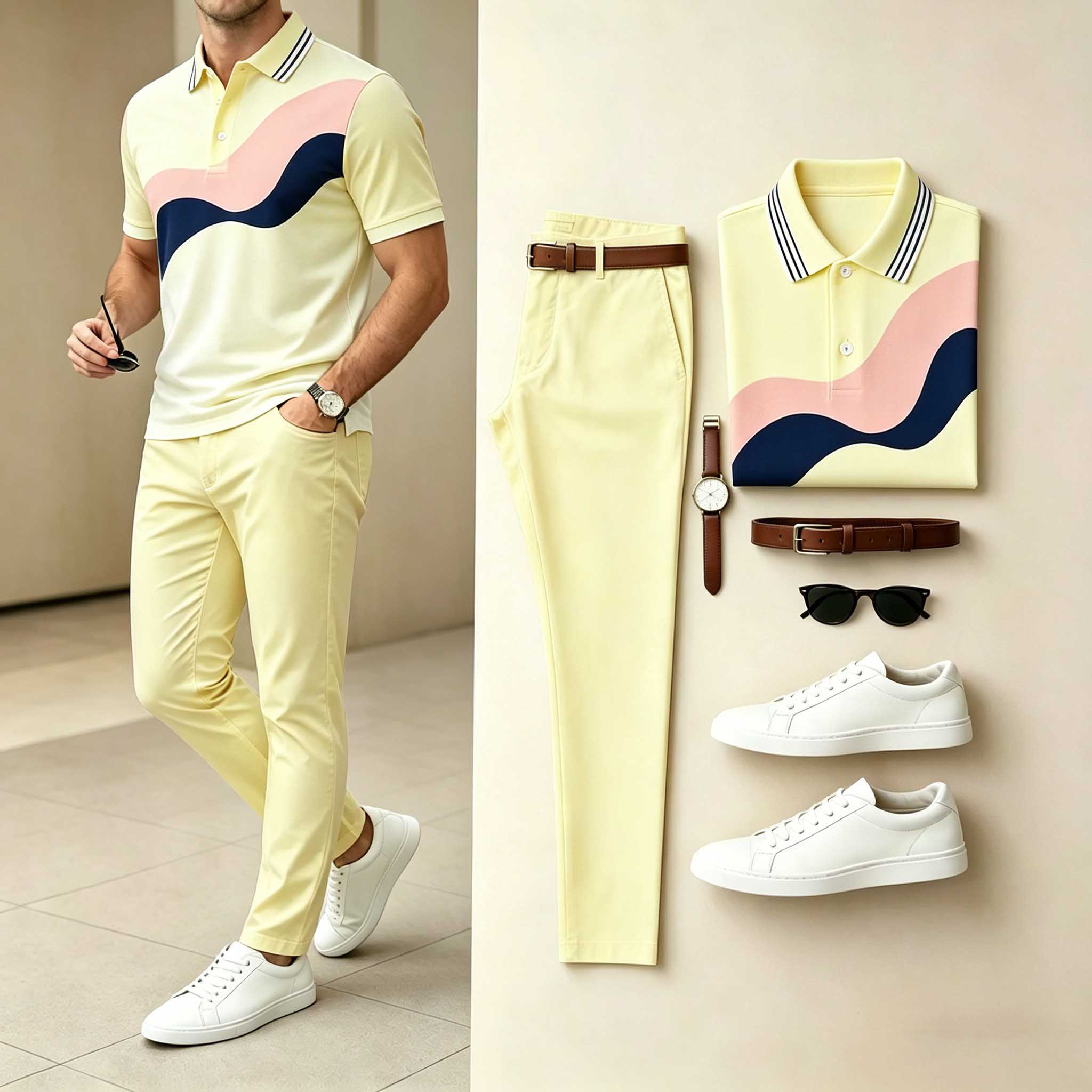 Conjunto de dos piezas casual Yellow Wave estampado camisa polo & pantalón para hombre