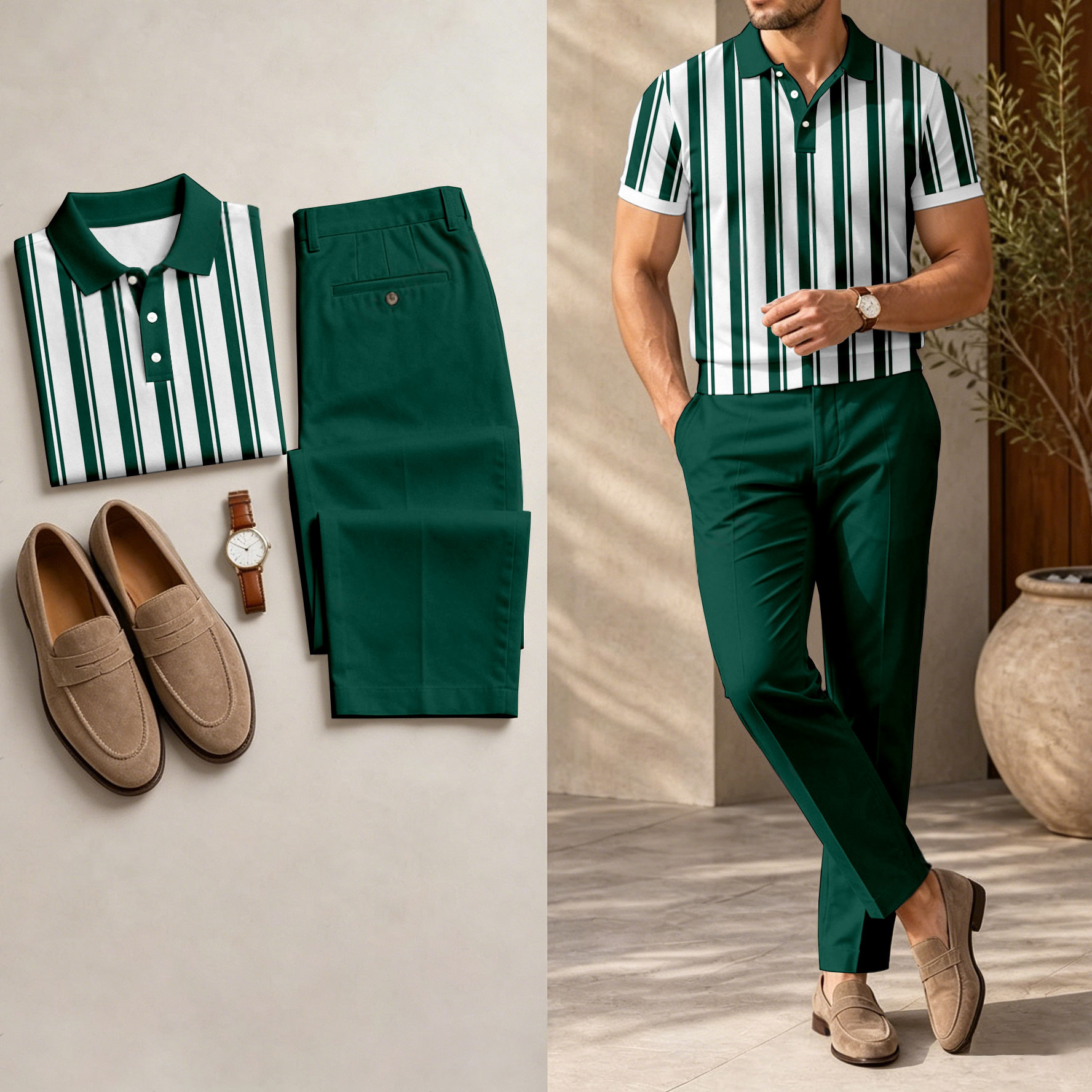 Conjunto de dos piezas casual Dark Green rayas estampado camisa polo And pantalón para hombre