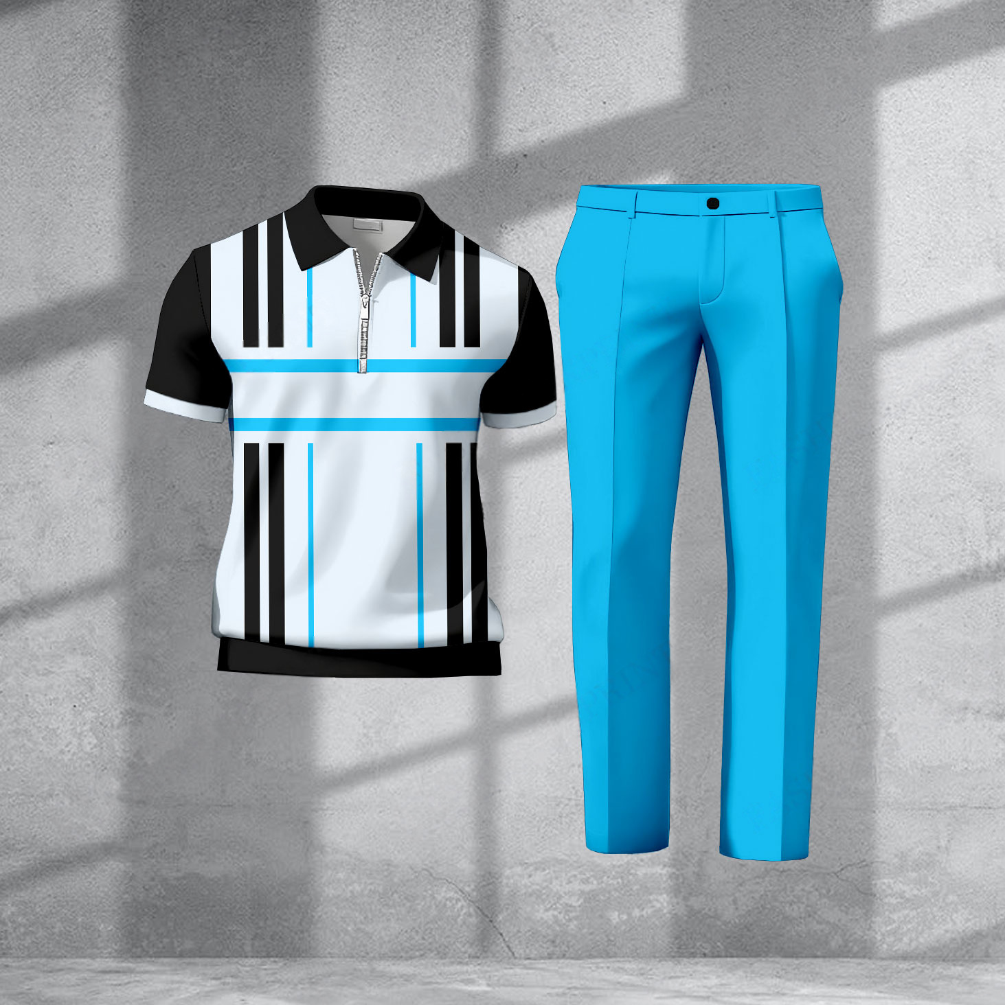 Conjunto de dos piezas casual Black & White rayas estampado Polo de manga corta camiseta And pantalón para hombre