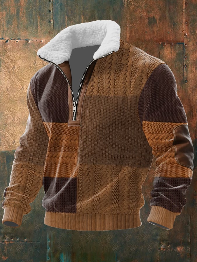 Sudadera retro Western Texture estampado tejido Fabric cierre Fur cuello de manga larga para hombre