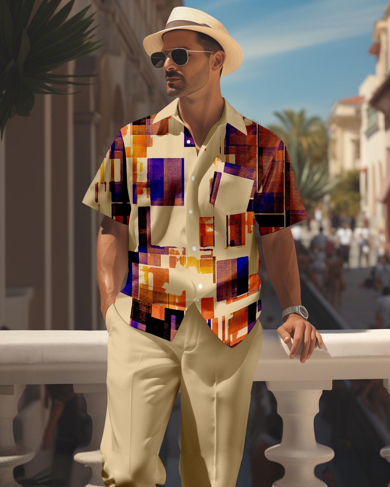 Camisa retro colorblock de manga corta walking Suit 1661 para hombre