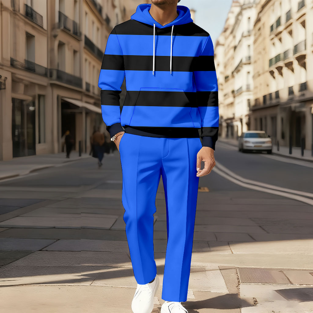 Conjunto de dos piezas casual Color Matching estampado de manga larga sudadera con capuchas sudadera & Trousers para hombre