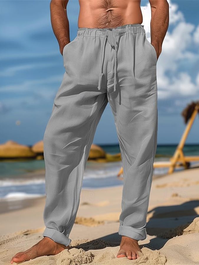 Pantalón retro de color sólido Design Elastic Waist Lace-Up casual para hombre