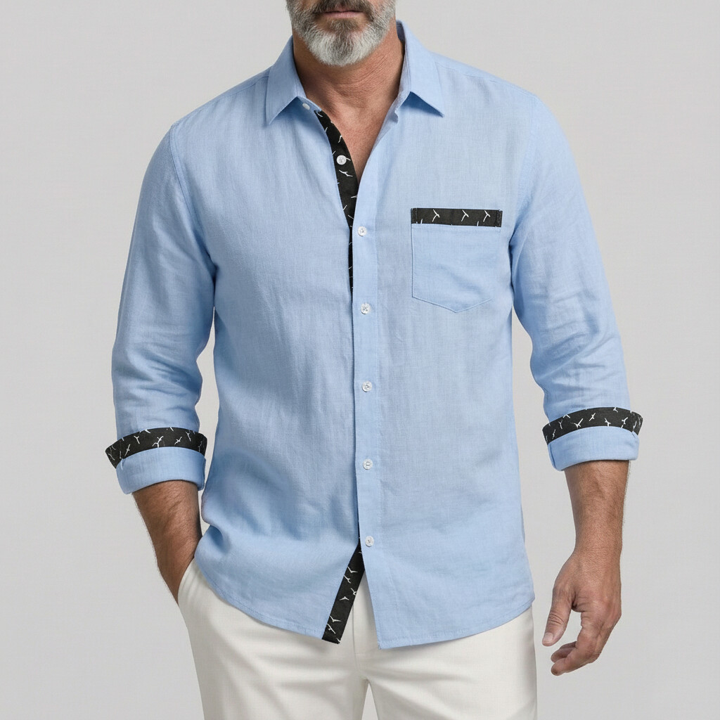 Camisa Vacation Sky Blue Contrast Trim Sea Gull estampado Chest Pocket de manga larga para hombre