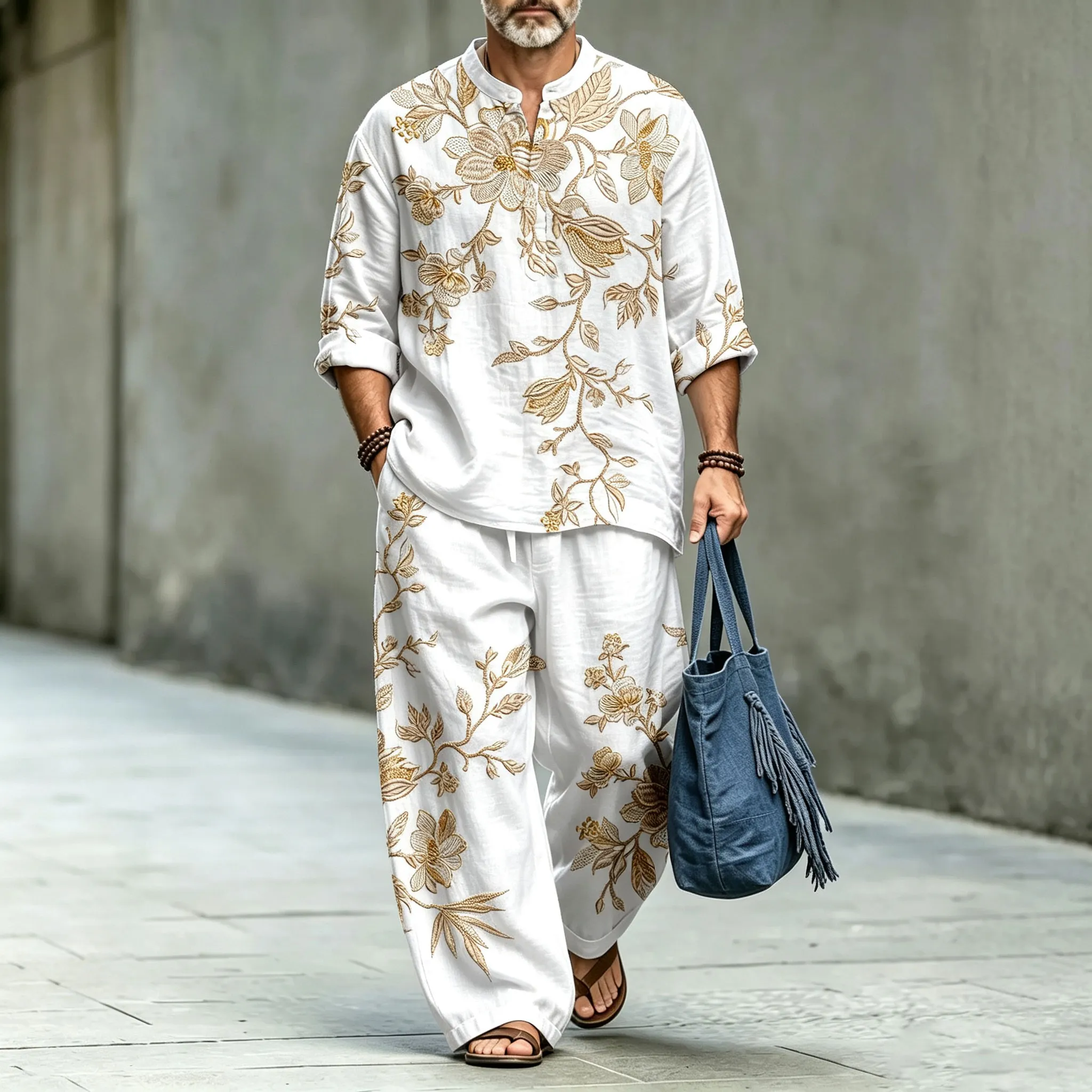 para hombre floral Stand-Collar camisa polo and Long pantalón Two-Piece Suit Set