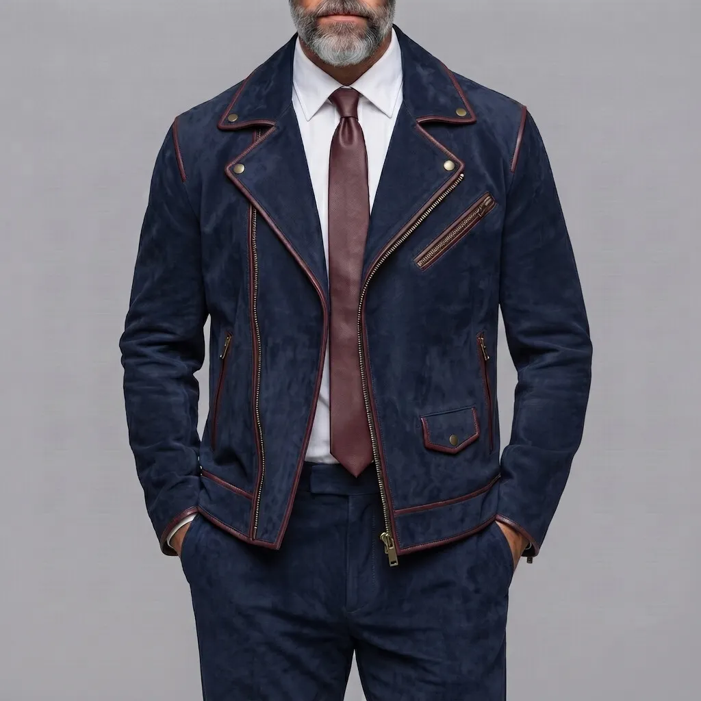 para hombre clásico Navy Blue Suede Contrast Piping Asymmetrical Zipper de corte entallado chaqueta