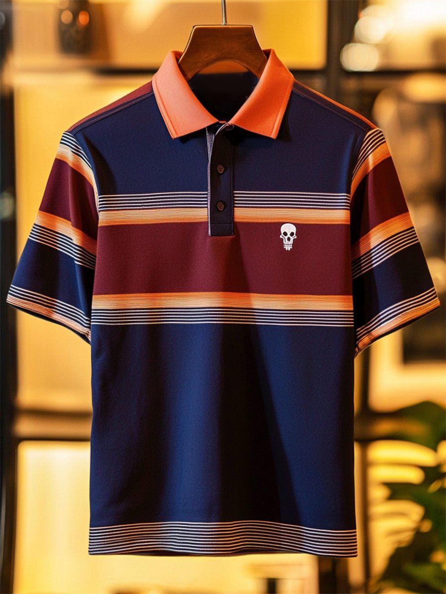 Camisa polo ejecutivo casual a rayas Skull Button de manga corta para hombre