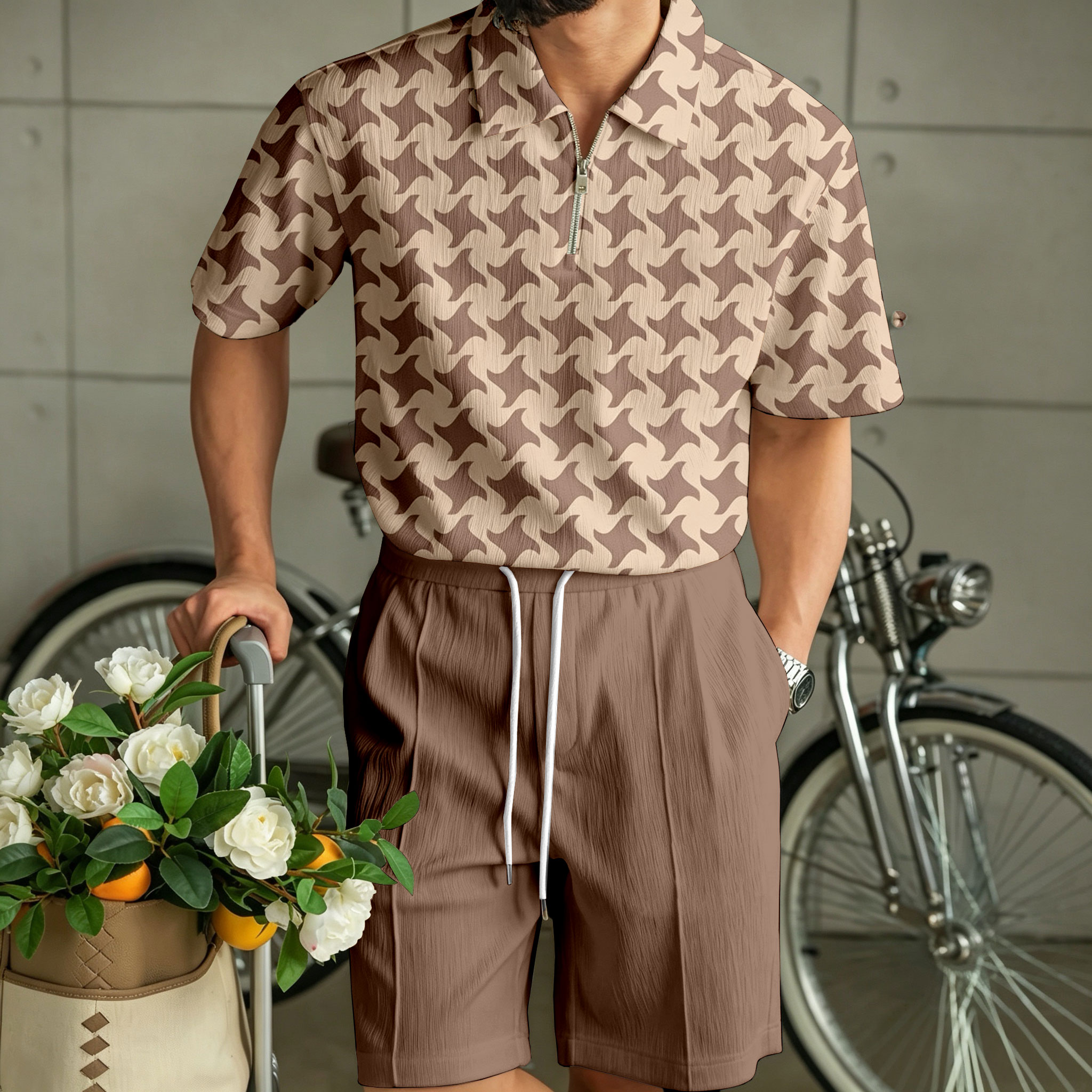 para hombre casual Wavy-Patterned Zipper camisa polo and shorts conjunto de dos piezas