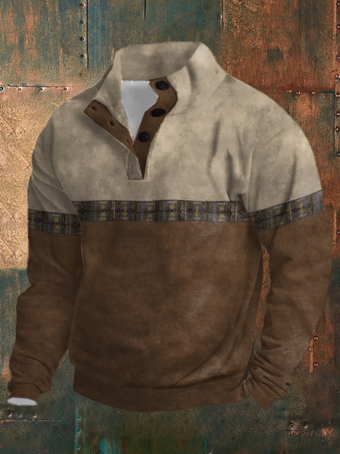 Sudadera retro Western en bloques de color estampado de manga larga para hombre