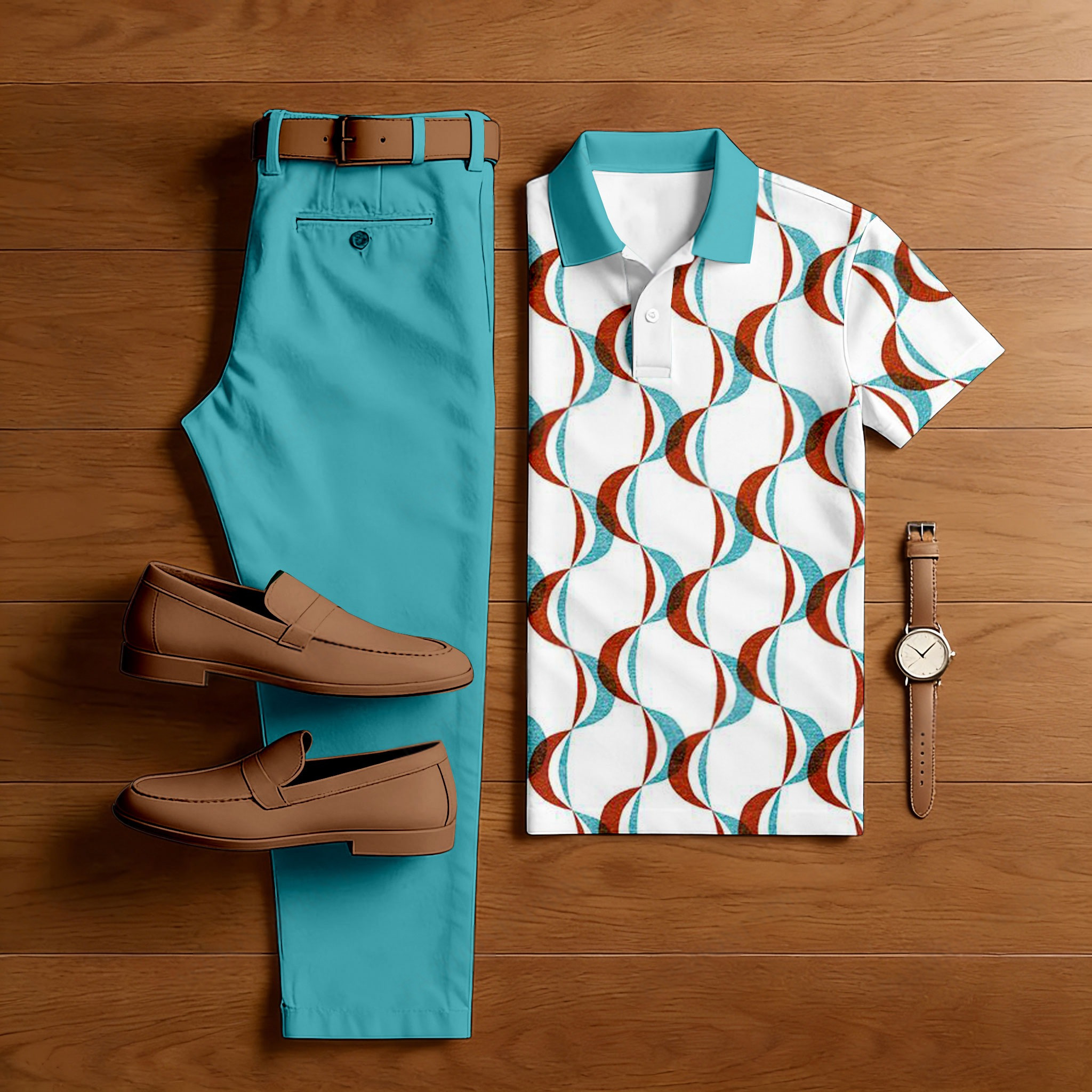 Conjunto de dos piezas casual White estampado camisa polo And pantalón para hombre