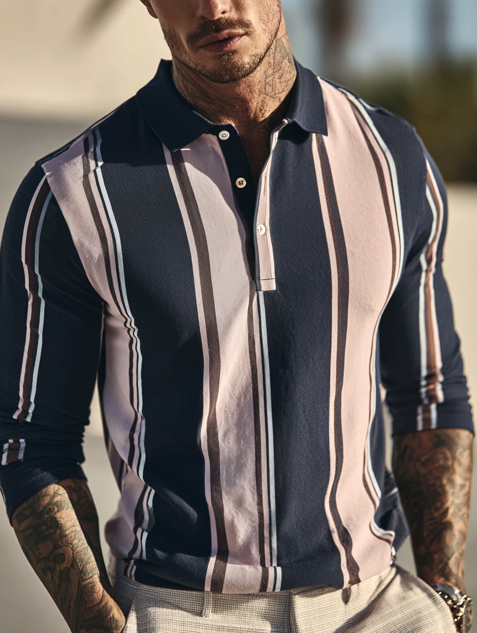 Camisa polo ejecutivo casual Artistic Button de manga larga para hombre