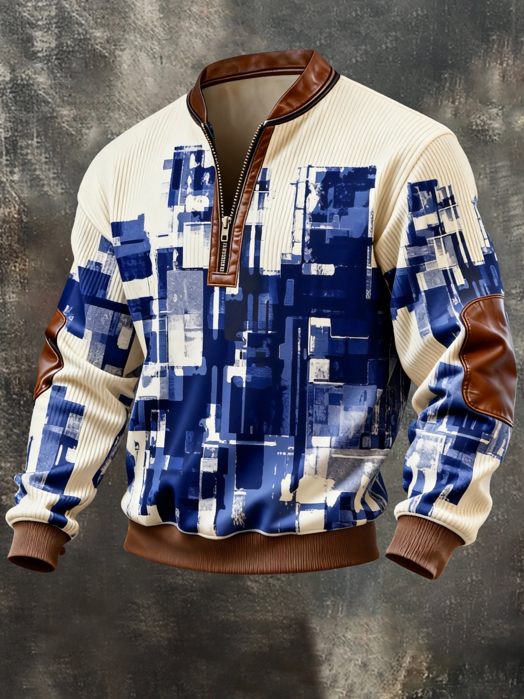 Sudadera vintage Color-Block estampado con cierre con gorrasucha para hombre