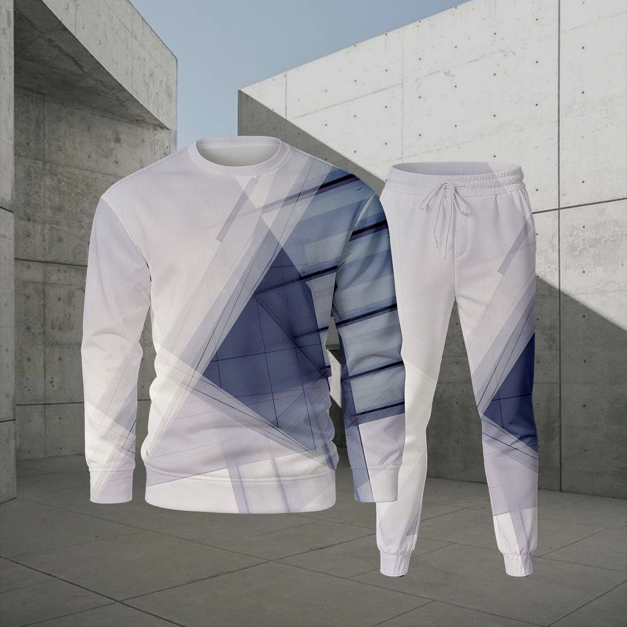 Conjunto de dos piezas casual Color Matching estampado Round-Neck de manga larga sudaderas Trousers para hombre