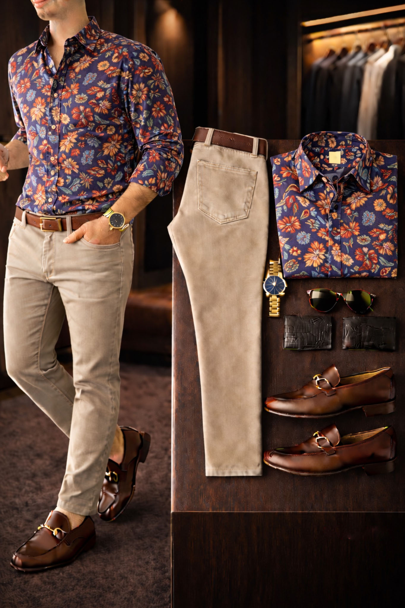 Conjunto de dos piezas casual Purple estampado de manga larga camisa And Trousers para hombre