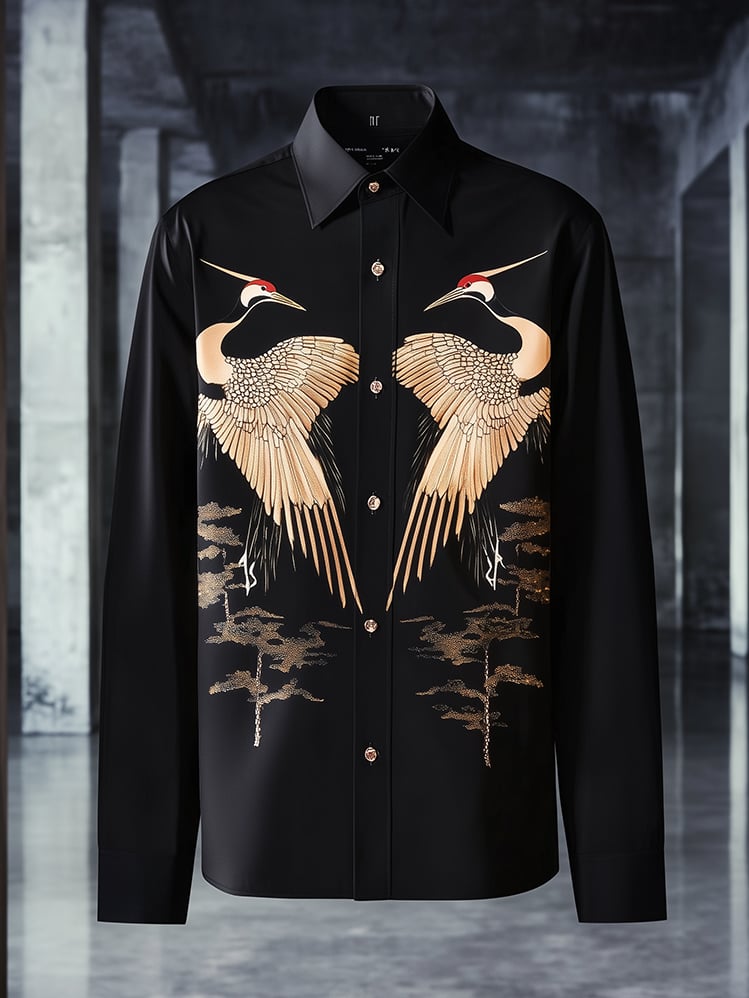 Camisa satén Luxe estampado de manga larga Button para hombre