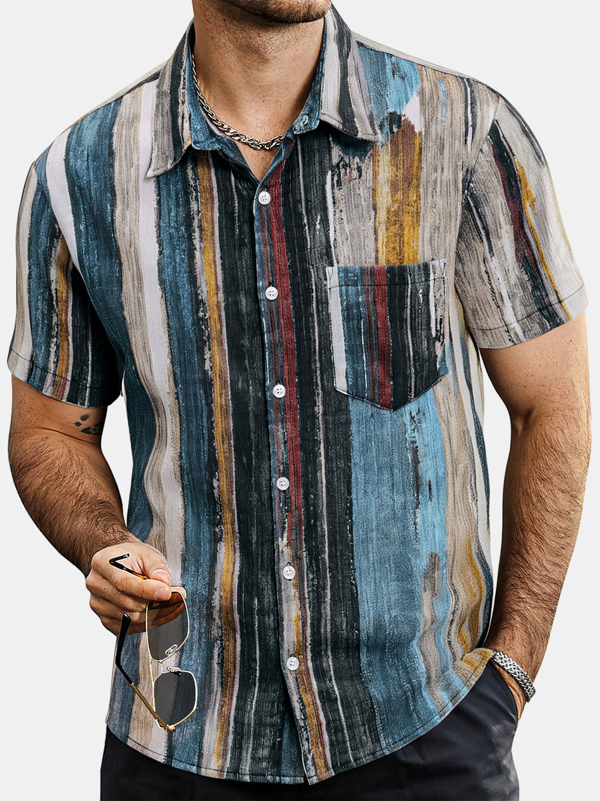 Camisa Summer a rayas de manga corta Hawaiian para hombre