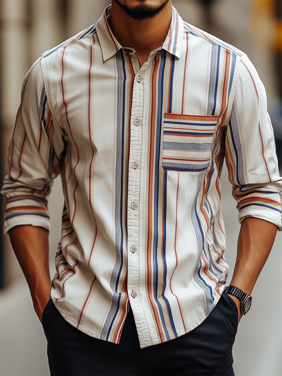 Camisa casual a rayas de manga larga para hombre